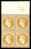 ** N°28B, 10c Bistre Type II En Bloc De Quatre, Légère Froissure De Gomme Sur 1 Timbre, Bord De Feuille Avec Croix De Re - 1863-1870 Napoléon III. Laure