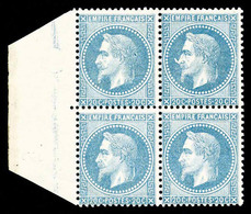 ** N°29Bb, 20c Bleu Variété 'A LA CORNE' Tenant à Normaux Dans Un Bloc De Quatre Bord De Feuille Latéral, Petite Froissu - 1863-1870 Napoleon III With Laurels