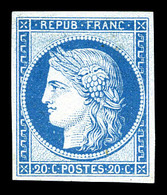 * N°37f, 20c Bleu, Impression De GRANET Non Dentelé, Fraîs, TTB (certificat)  Qualité: *  Cote: 500 Euros - 1870 Siège De Paris