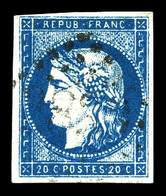 O N°44Aa, 20c Bleu Foncé Type I Report 1, Superbe Nuance Intense. R.R. (signé/Certificat)  Qualité: O  Cote: 1100 Euros - 1870 Emission De Bordeaux