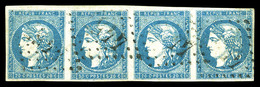 O N°44B, 20c Bleu Type I Report 2, Bande De Quatre Exemplaires Obl GC '4455', Belles Marges. SUP. R.R. (certificats)  Qu - 1870 Emissione Di Bordeaux