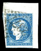 O N°44B, 20c Bleu Type I Report 2 Obl GC 2377, Coin De Feuille Avec 2 Voisins. SUPERBE. R.R. (certificat)  Qualité: O - 1870 Emission De Bordeaux