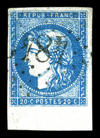 O N°44B, 20c Bleu Type I Report 2, Oblitération Légère, Bas De Feuille. SUP (certificat)  Qualité: O - 1870 Emission De Bordeaux