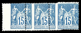 ** N°90, 15c Sage, Piquage à Cheval + Piquage Decalé En Bde De 3 (2ex*). TTB  Qualité: ** - 1876-1878 Sage (Tipo I)