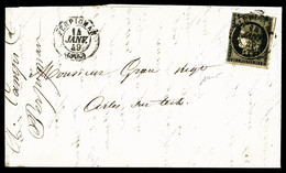 O N°3, 20c Noir Obl Càd PERPIGNAN 14 JANVIER 1849 Sur Lettre Arrivée à Arles Sur Tech Le Même Jour, SUPERBE (certificat) - 1849-1876: Klassieke Periode