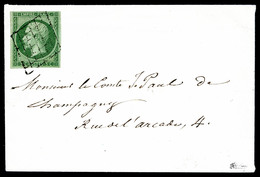 O N°12b, 5c Vert-foncé, Obl Grille Sur Enveloppe Carte De Visite (jour De L'an). SUPERBE. R (signé Calves/certificat)  Q - 1849-1876: Période Classique