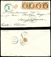 O N°31, 40c Lauré, Bande De 4 Ex (pd) Sur Lettre Double Port De Cognac Le 22.4.69 à Destination De Singapour, Arrivée Le - 1849-1876: Klassik