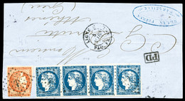 O N°44Aa, 20c Bleu Foncé Type I En Bande De Quatre Horizontale Oblitération Ancre Sur Devant De Lettre, PIECE SUPERBE ET - 1849-1876: Klassik