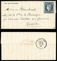 O LE TOURVILLE', Gazette Des Absents N°19 Affranchie Avec 20c Siège, Cad Paris SC Rouge Du 25 Dec 70 Pour Cadillac Sur G - Guerre De 1870