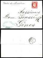 O Cérès 80c Rose (N°57) Oblitéré Du Cachet Ovale Des Messageries Maritimes En Bleu Sur Lettre De Volo Pour Gênes. Mm 'Vo - 1863-1870 Napoléon III Lauré