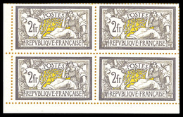 (*) N°122, 2F Violet Et Jaune: Tirage Sur Bristol Avec Dentelure Figurée En Bloc De Quatre Coin De Feuille, Très Jolie P - 1900-02 Mouchon