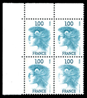 ** N°1895C, Non émis, Marianne D'EXCOFFON, 1F Turquoise En Bloc De Quatre Coin De Feuille,. R.R.R. SUPERBE (certificats) - 1900-02 Mouchon