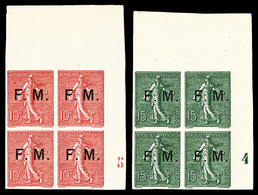 (*) N°3/4, 15c Vert Et 10c Rose En Blocs De Quatre Coins De Feuilles Avec Millésimes Non Dentelés, TTB (signés Brun/cert - Timbres De Franchise Militaire