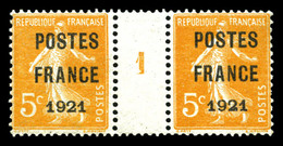 ** N°33, 5c Orange Surchargé 'POSTE FRANCE 1921' En Paire Millésime '1'. SUP (signé Scheller/certificat)  Qualité: ** - Millesimi