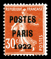 * N°32, 30c Rouge Surchargé 'POSTE PARIS 1922', Frais Et TB (certificat)  Qualité: *  Cote: 750 Euros - 1893-1947