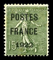 (*) N°37, 15c Vert-olive Surchargé 'POSTE FRANCE 1922', B/TB (signé Calves)  Qualité: (*)  Cote: 700 Euros - 1893-1947