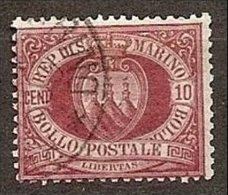 1894 San Marino Saint Marin CIFRA O STEMMA 10c Rosso (28) Usato USED - Used Stamps