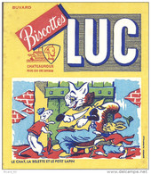 Buvard Biscottes LUC, Fable,le Chat, La Belette Et Le Petit Lapin, Scan Coupé Mais Buvard Complet - Biscottes