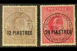 1902-05 12pi On 2s.6d Lilac, And 24pi On 5s Bright Carmine, SG 11/12, Fine Full Smyrna Or Constantinople Cds's. (2 Stamp - Levant Britannique