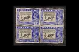 1946 Definitive 3a6p Black And Ultramarine, SG 57b, Never Hinged Mint Block Of Four Including "Curved Plough Handle" Var - Birmania (...-1947)