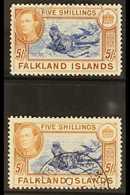 1938-50 KGVI 5s Blue & Chestnut, SG 161 & 5s Indigo & Pale Yellow Brown, SG 161b, Very Fine, Cds Used (2 Stamps) For Mor - Falkland Islands