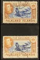 1938-50 KGVI 5s Blue & Chestnut, SG 161 & 5s Indigo & Pale Yellow Brown, SG 161b, Very Fine, Cds Used (2 Stamps) For Mor - Falkland