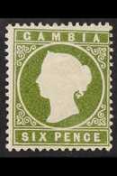 1886-93 6d Olive-green SLOPING LABEL Variety Position R. 1/5, SG 32da, Fine Mint, Fresh. For More Images, Please Visit H - Gambie (...-1964)