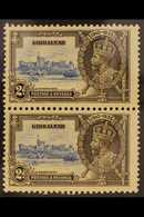 1935 JUBILEE VARIETY 2d Ultramarine & Grey Black Vertical Pair, Top Stamp Bearing "EXTRA FLAGSTAFF" Variety, SG 114/114a - Gibraltar