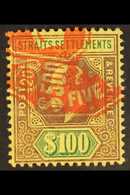 1904 $100 Purple And Green On Yellow, Ed VII, SG 140, Superb Used With Fiscal Cancel. Rare Stamp. For More Images, Pleas - Straits Settlements