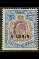 1906 - 12 $25 Purple And Blue On Blue Overprinted "Specimen", Ed VII, SG 168s, Good Mint, Part Og With Tiny Gum Thin. Sc - Straits Settlements