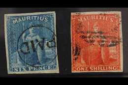 1859-61 6d Blue And 1s. Vermilion Britannias, SG 32 & 34, Each With Four Margins And Neatly Cancelled, The 6d With Circu - Mauricio (...-1967)