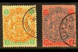 1896-7 Die II Arms, 5s Chestnut & Emerald And 10s Slate & Vermilion On Rose, SG 49/50, Very Fine Used (2). For More Imag - Sonstige & Ohne Zuordnung