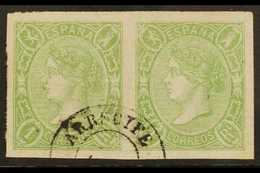 1865 2r Yellow- Green Imperf, SG 84 (Edifil 72) PAIR USED AT THE CANARY IS. With A Single Choice "Arrecife" Cds. A Beaut - Autres & Non Classés