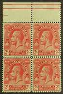 1922-26 2s Red On Emerald Wmk MCA, SG 174, Superb Never Hinged Mint Upper Marginal BLOCK Of 4, Very Fresh. (4 Stamps) Fo - Turks E Caicos