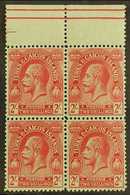 1922-26 2s Red On Emerald Wmk MCA, SG 174, Superb Never Hinged Mint Upper Marginal BLOCK Of 4, Very Fresh. (4 Stamps) Fo - Turks & Caicos (I. Turques Et Caïques)