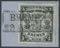 BREMEN 6x BrfStk, 1864, 3 Gr. Schwarz Auf Blaugrau, Type I, Zentrischer R2 BREMEN Auf Briefstück (Marke Zur Kontrolle Ge - Brême