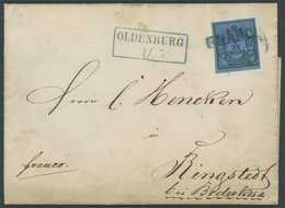OLDENBURG 2III BRIEF, 1854, 1/30 Th. Schwarz Auf Lebhaftgrauultramarin, Type III, Auf Brief Mit Blauem L1 FRANCO Von OLD - Oldenbourg