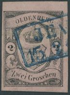 OLDENBURG 7 O, 1859, 2 Gr. Schwarz Auf Mattrötlichkarmin, Bugspur Und Helle Stellen, Bildseitig Breitrandiges Farbfrisch - Oldenburg