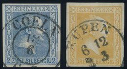 PREUSSEN 11a,12b O, 1858/9, 2 Sgr. Blau Und 3 Sgr. Gelb, 2 Kabinettwerte - Sonstige & Ohne Zuordnung