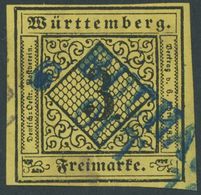 WÜRTTEMBERG 2d O, 1851, 3 Kr. Schwarz Auf Dunkelgelb, Type IVa, Blauer L2 BUCHAU, Pracht, Gepr. Irtenkauf - Otros & Sin Clasificación