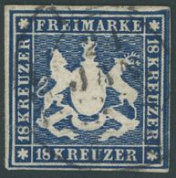 WÜRTTEMBERG 15 O, 1859, 18 Kr. Blau, Rechtes Randstück, Waagerechter Bug Und Rückseitige Mängel, Sonst Farbfrisches Voll - Other & Unclassified