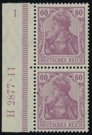 Dt. Reich 92I HAN Paar **, 1911, 60 Pf. Graulila Friedensdruck Im Senkrechten HAN-Paar H 2877.11 Und Plattennummer 1, Po - Gebruikt