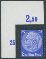Dt. Reich 553POR **, 1934, 25 Pf. Hindenburg-Trauer, Plattendruck, Aus Der Linken Oberen Bogenecke, Postfrisch, Pracht - Other & Unclassified
