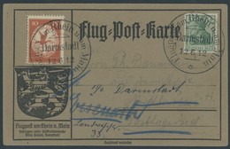 ZEPPELINPOST 10 BRIEF, 1912, 10 Pf. Flp. Am Rhein Und Main Auf Flugpostkarte Mit 5 Pf. Zusatzfrankatur, Sonderstempel Da - Luchtpost & Zeppelin