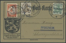 ZEPPELINPOST 10 BRIEF, 1912, 10 Pf. Flp. Am Rhein Und Main Auf Flugpostkarte Mit 3 Und 5 Pf. Zusatzfrankatur, Sonderstem - Airmail & Zeppelin