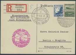 ZEPPELINPOST 437B BRIEF, 1936, 8. Nordamerikafahrt, Einschreibkarte Mit Sonderstempel REICHSGARTENSCHAU, R-Zettel Dresde - Luchtpost & Zeppelin
