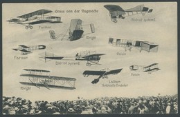 ALTE ANSICHTSKARTEN 1909, Gruß Von Der Flugwoche, Karte Mit 9 Verschiedenen Flugzeugfabrikaten Und Den Namen Der Teilneh - Andere & Zonder Classificatie