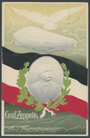 ALTE ANSICHTSKARTEN 1909, Graf Zeppelin, Portrait Mit Lorbeerkranz, Luftschiff Und Nationalflagge, Gebraucht, Farbige Pr - Other & Unclassified