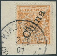 KIAUTSCHOU M 5IIa BrfStk, 1901, 25 Pf. Gelblichorange Steiler Aufdruck, Stempel KIAUTSCHOU DP ** Prachtbriefstück - Kiauchau