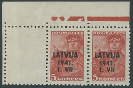 LETTLAND 1L,1I **, 1941, 5 K. Dunkelbräunlichrot Im Waagerechten Paar Aus Der Linken Oberen Bogenecke Mit Anhängendem Li - Besetzungen 1938-45